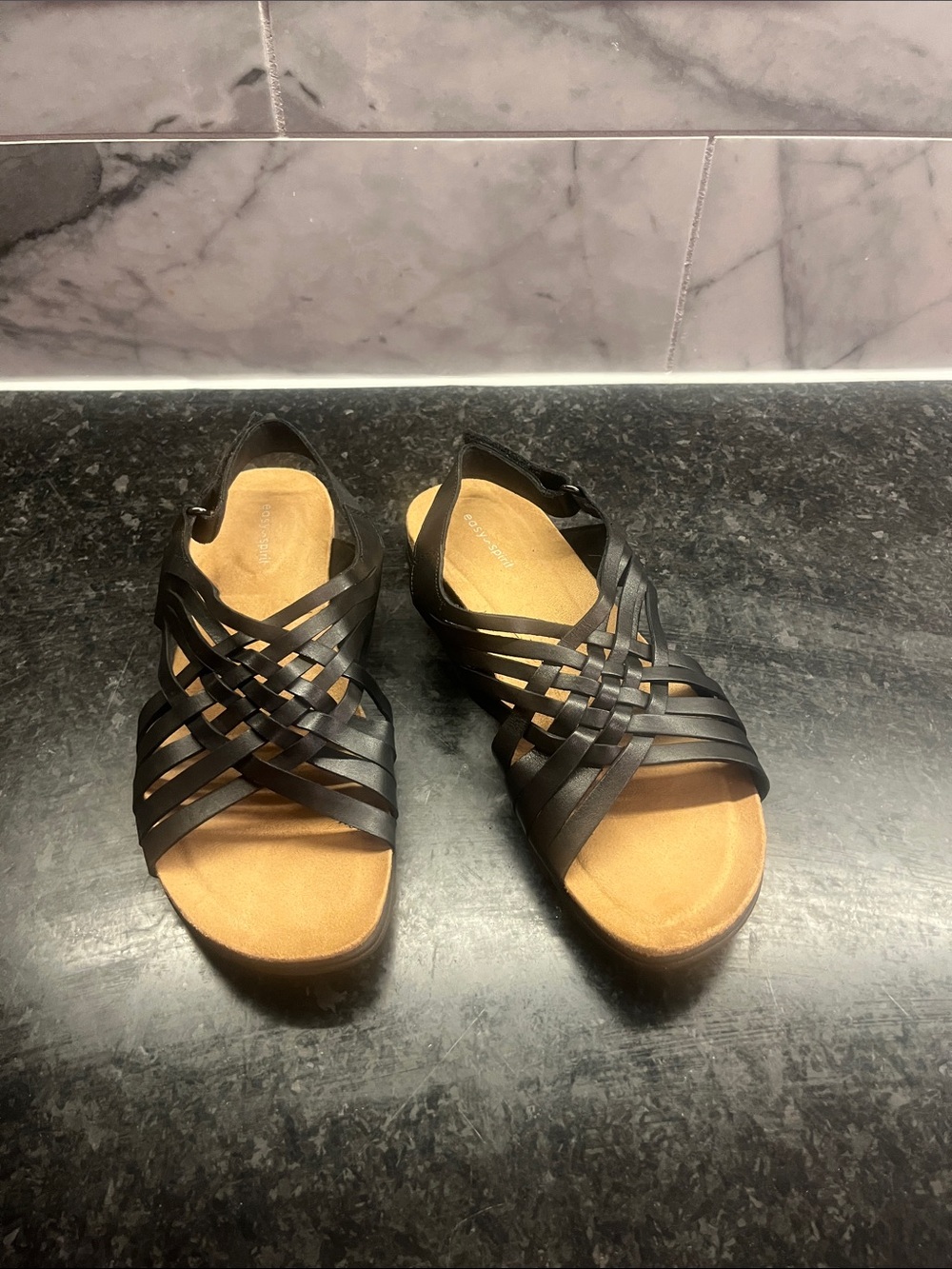 Easy Spirit Black Woven-Strap Sandals with Tan Footbed